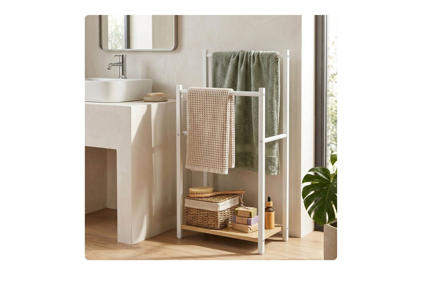 relaxdays Handtuchständer mit Ablage, Holzoptik-Weiß – Bild 3 von 5