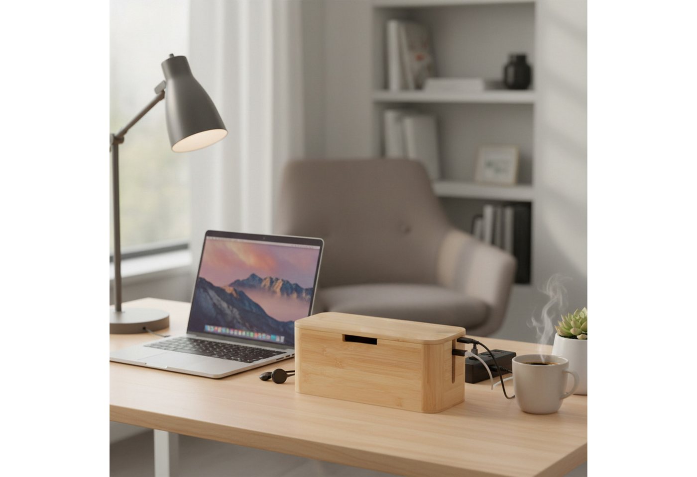 relaxdays Kabelbox aus Bambus, natur – Bild 2 von 5