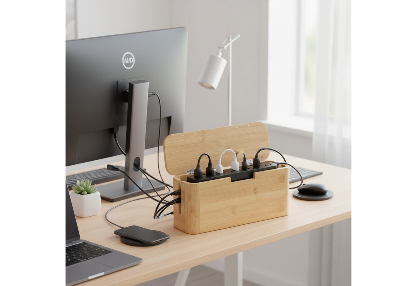 relaxdays Kabelbox aus Bambus, natur – Bild 3 von 5