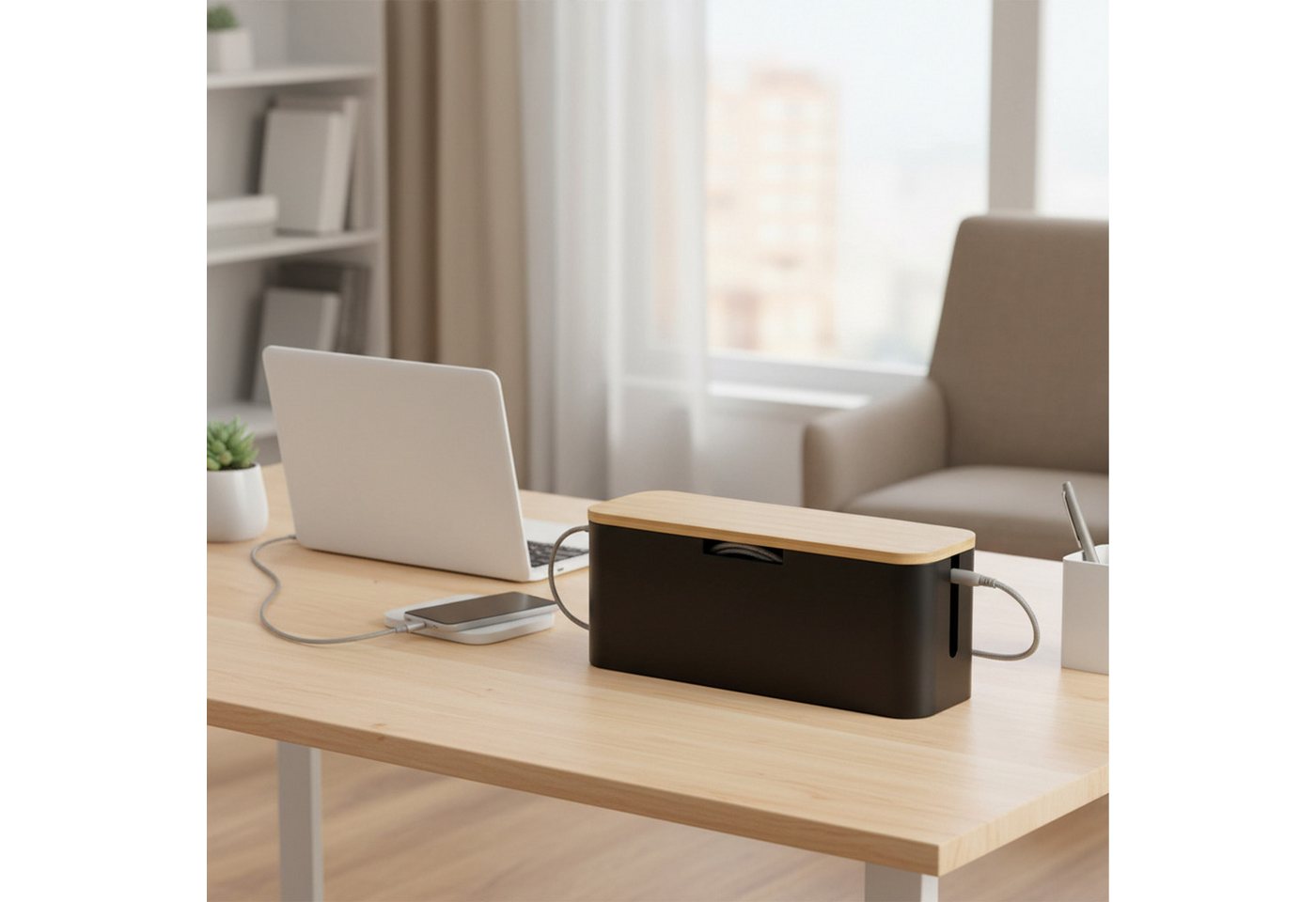 relaxdays Kabelbox aus Bambus, (7-tlg), Natur-Schwarz – Bild 2 von 5