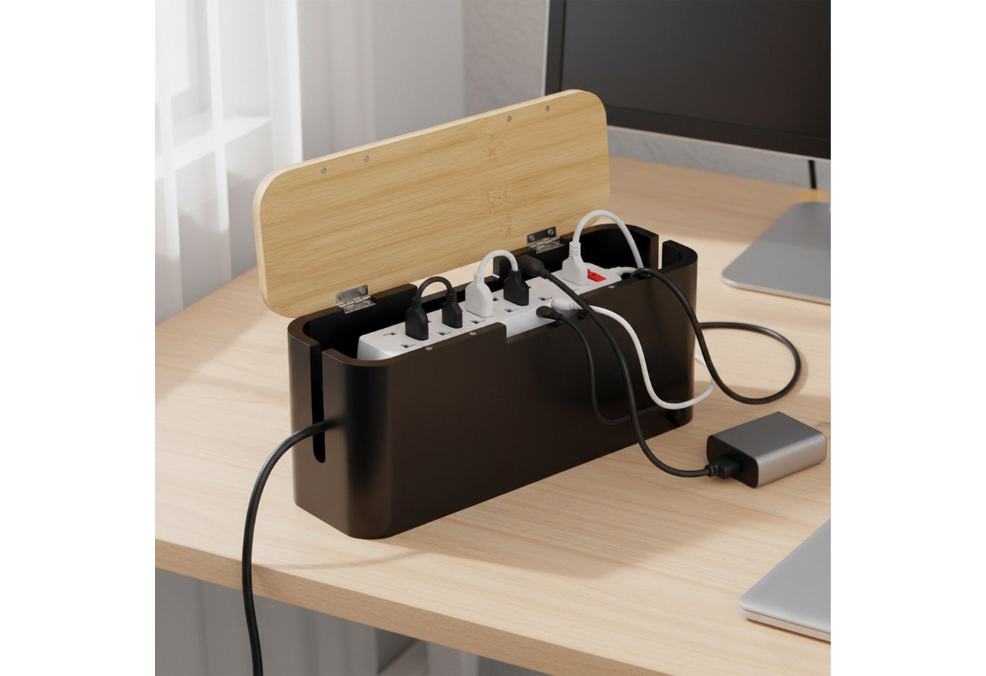 relaxdays Kabelbox aus Bambus, (7-tlg), Natur-Schwarz – Bild 3 von 5