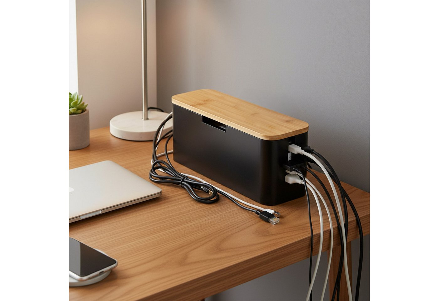 relaxdays Kabelbox aus Bambus, (7-tlg), Natur-Schwarz – Bild 5 von 5