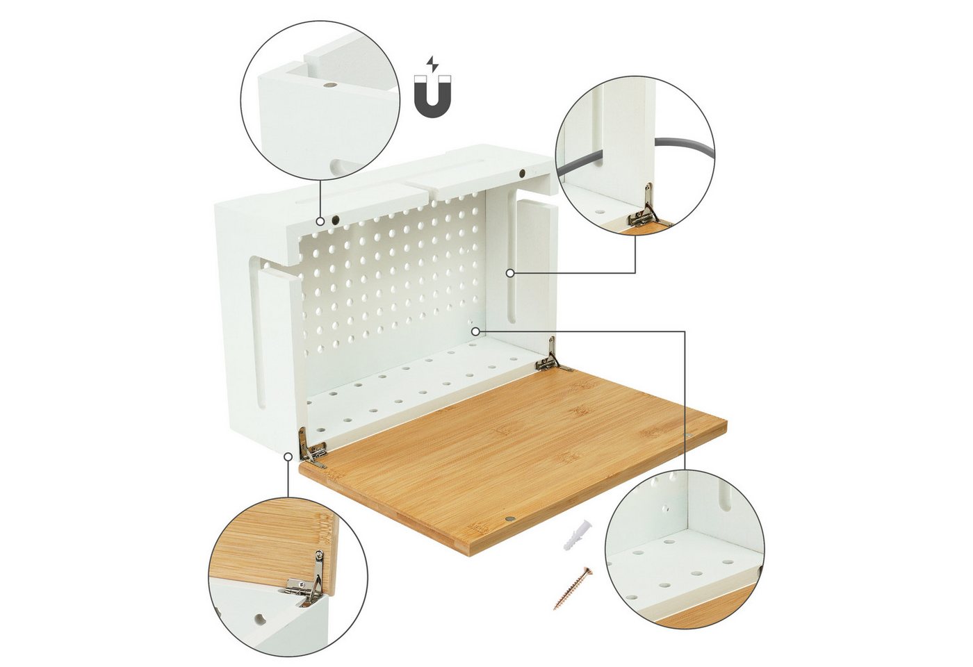 relaxdays Kabelbox Bambus Kabelbox mit Magnetdeckel, (1-tlg), weiß – Bild 5 von 5