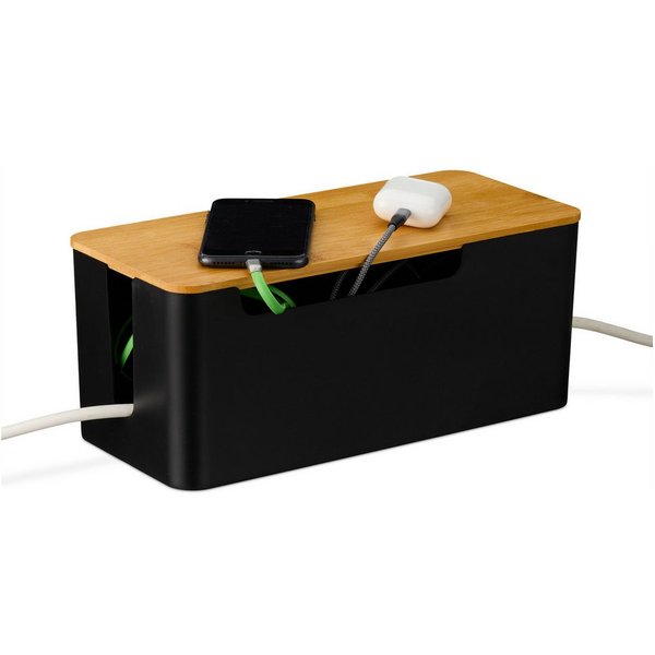 relaxdays Kabelbox Schwarze Kabelbox mit Bambusdeckel, (1-tlg)