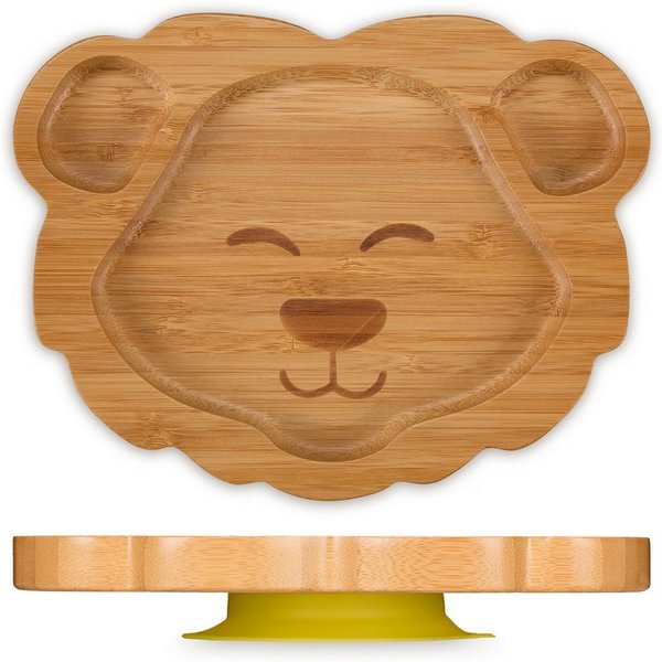 relaxdays Kindergeschirr-Set Baby-Teller mit Saugnapf "Löwe" (1-tlg), 1 Personen, Bambus
