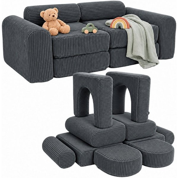 relaxdays Kindersofa 10-tlg. Kinder Spielsofa modular, 10 Teile, Anthrazit