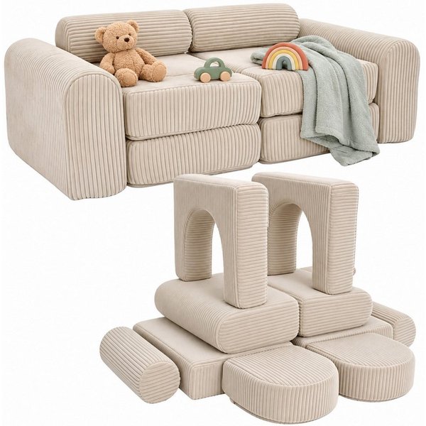 relaxdays Kindersofa 10-tlg. Kinder Spielsofa modular, 10 Teile, Beige