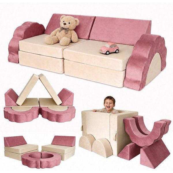 relaxdays Kindersofa 10-tlg. Kinder Spielsofa modular, 10 Teile, Pink