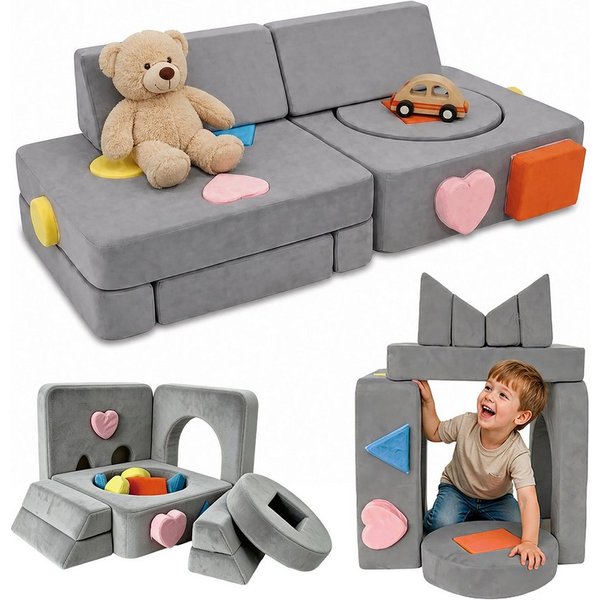 relaxdays Kindersofa 18-tlg. Kinder Spielsofa modular, 18 Teile, Anthrazit