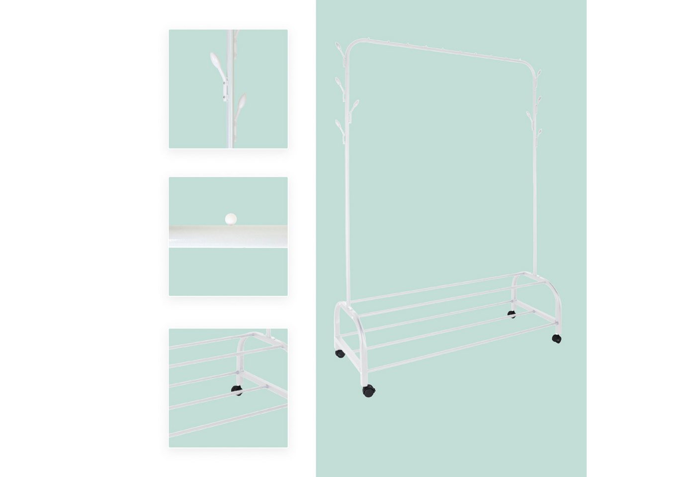 relaxdays Kleiderständer rollbar mit 2 Ablagen, (1 St), weiß – Bild 5 von 5