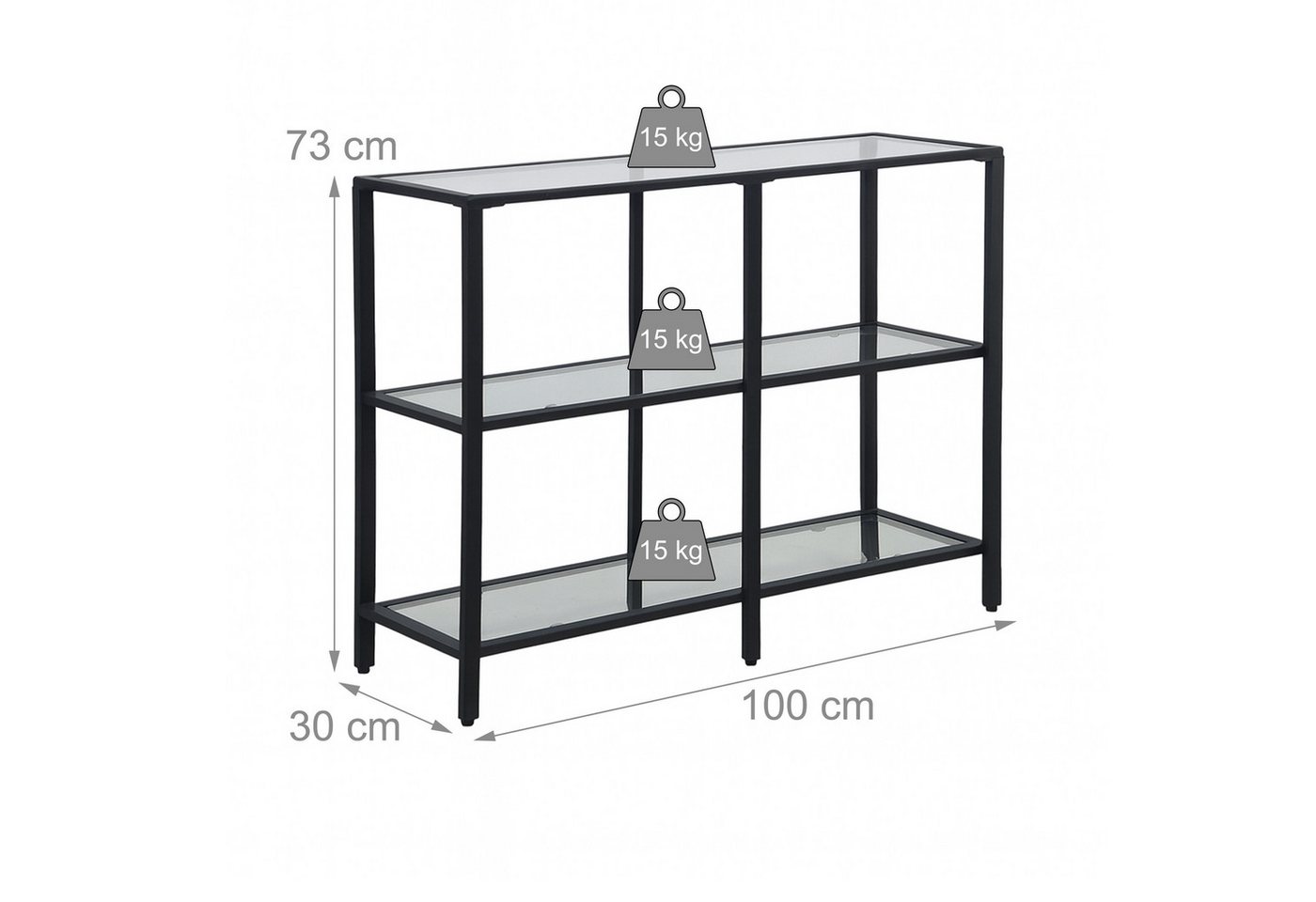 relaxdays Konsolentisch mit 3 Glasablagen (1-St), schwarz – Bild 4 von 5