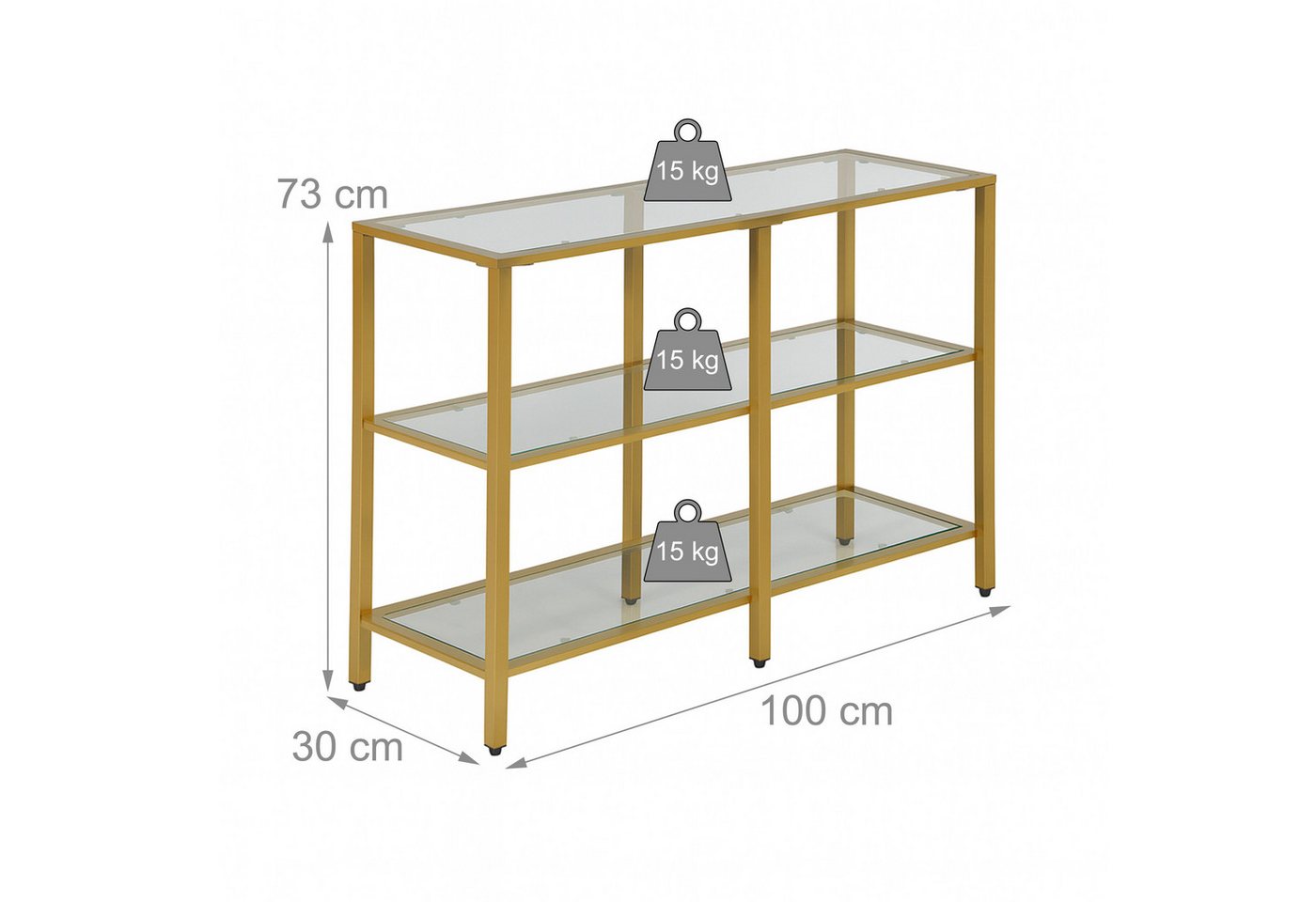 relaxdays Konsolentisch mit 3 Glasablagen (1-St), gold – Bild 4 von 5