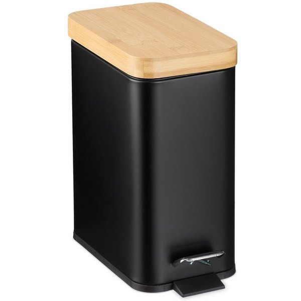 relaxdays Kosmetikeimer Bad Mülleimer 5 l mit Bambusdeckel, schwarz