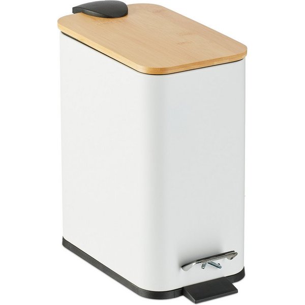 relaxdays Kosmetikeimer Bad Mülleimer 5 l mit Bambusdeckel, weiß