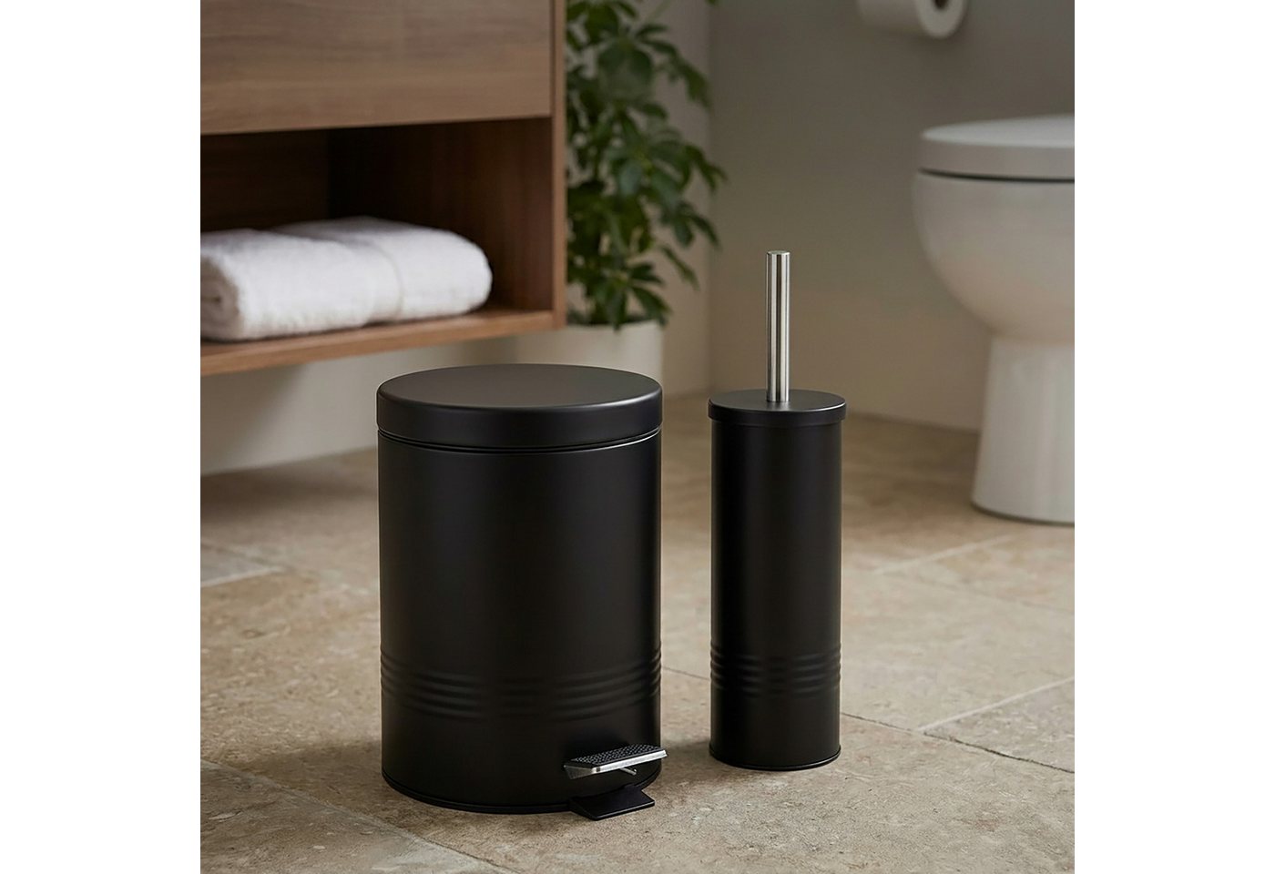 relaxdays Kosmetikeimer Badezimmer Set Mülleimer & WC-Bürste, schwarz – Bild 2 von 5