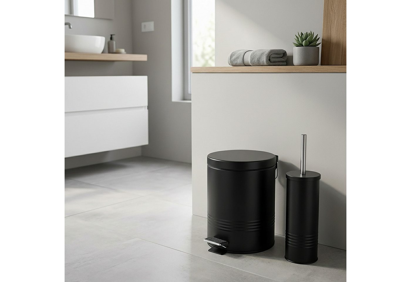 relaxdays Kosmetikeimer Badezimmer Set Mülleimer & WC-Bürste, schwarz – Bild 3 von 5