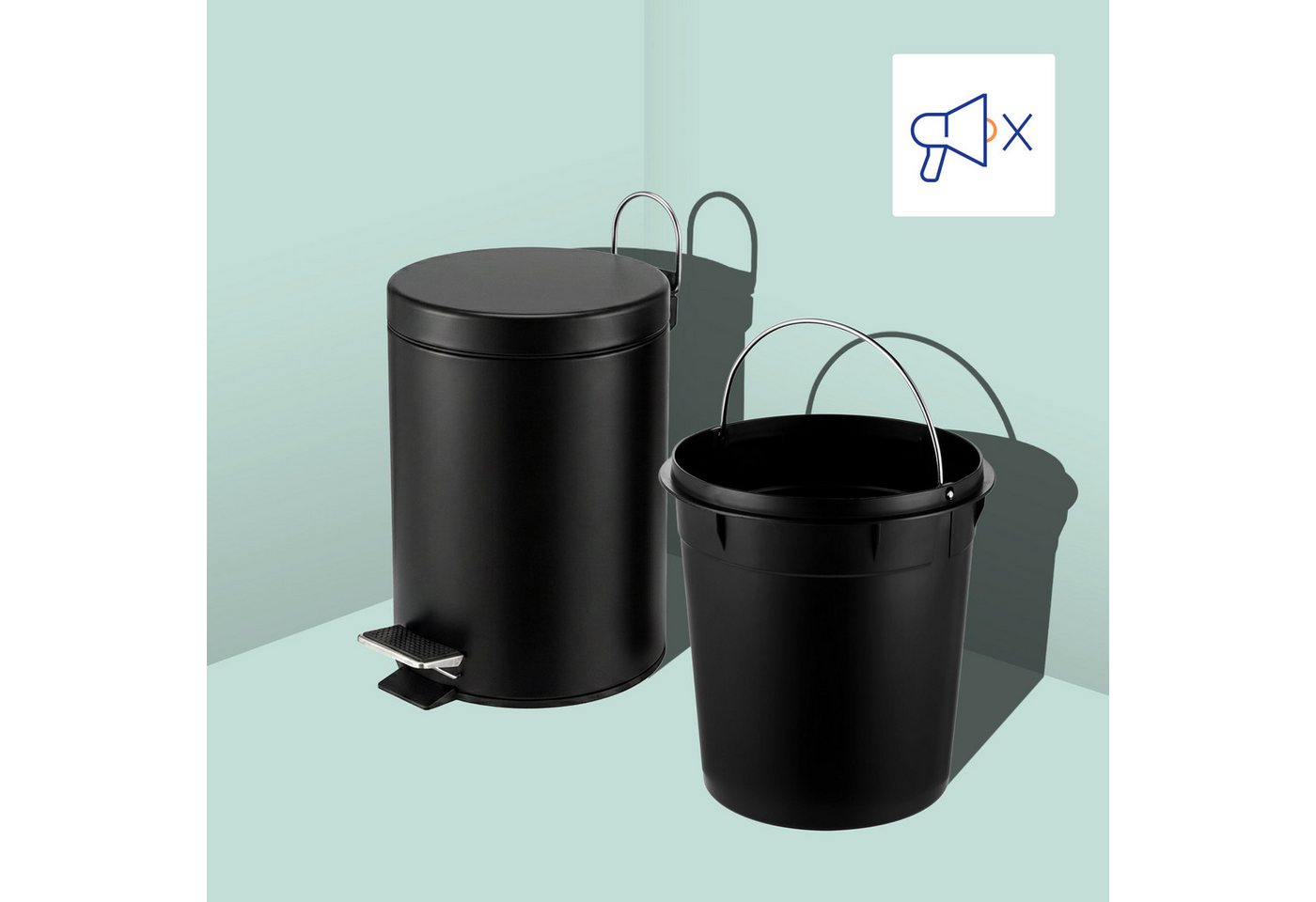 relaxdays Kosmetikeimer Badezimmer Set Mülleimer & WC-Bürste, schwarz – Bild 5 von 5