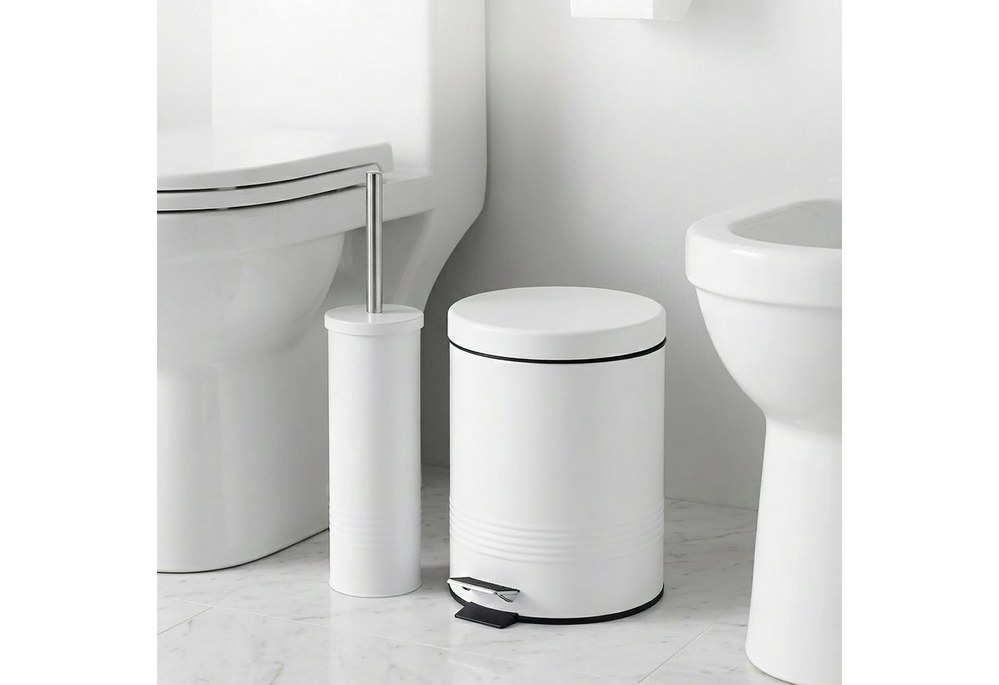 relaxdays Kosmetikeimer Badezimmer Set Mülleimer & WC-Bürste, weiß – Bild 2 von 5