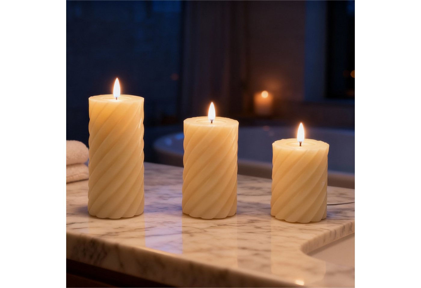 relaxdays LED-Kerze 3er Set, Dekorative flammenlose LED-Kerzen mit warmweiß flackernder Flamme, LED, Warmweiß, Champagner – Bild 2 von 5