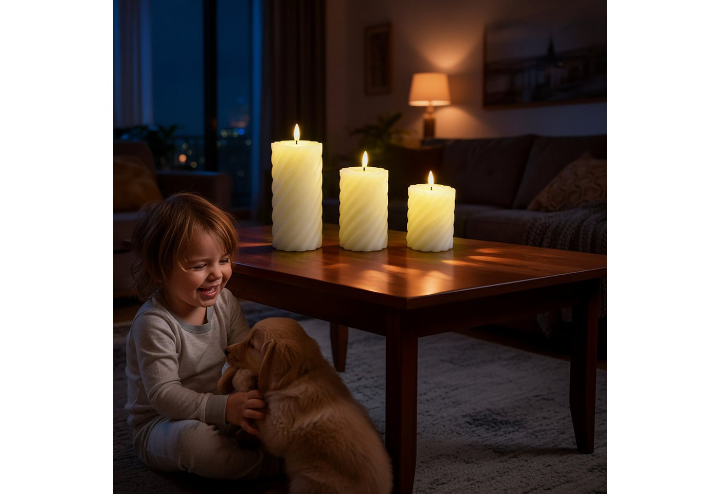 relaxdays LED-Kerze 3er Set, Dekorative flammenlose LED-Kerzen mit warmweiß flackernder Flamme, LED, Warmweiß, Champagner – Bild 3 von 5