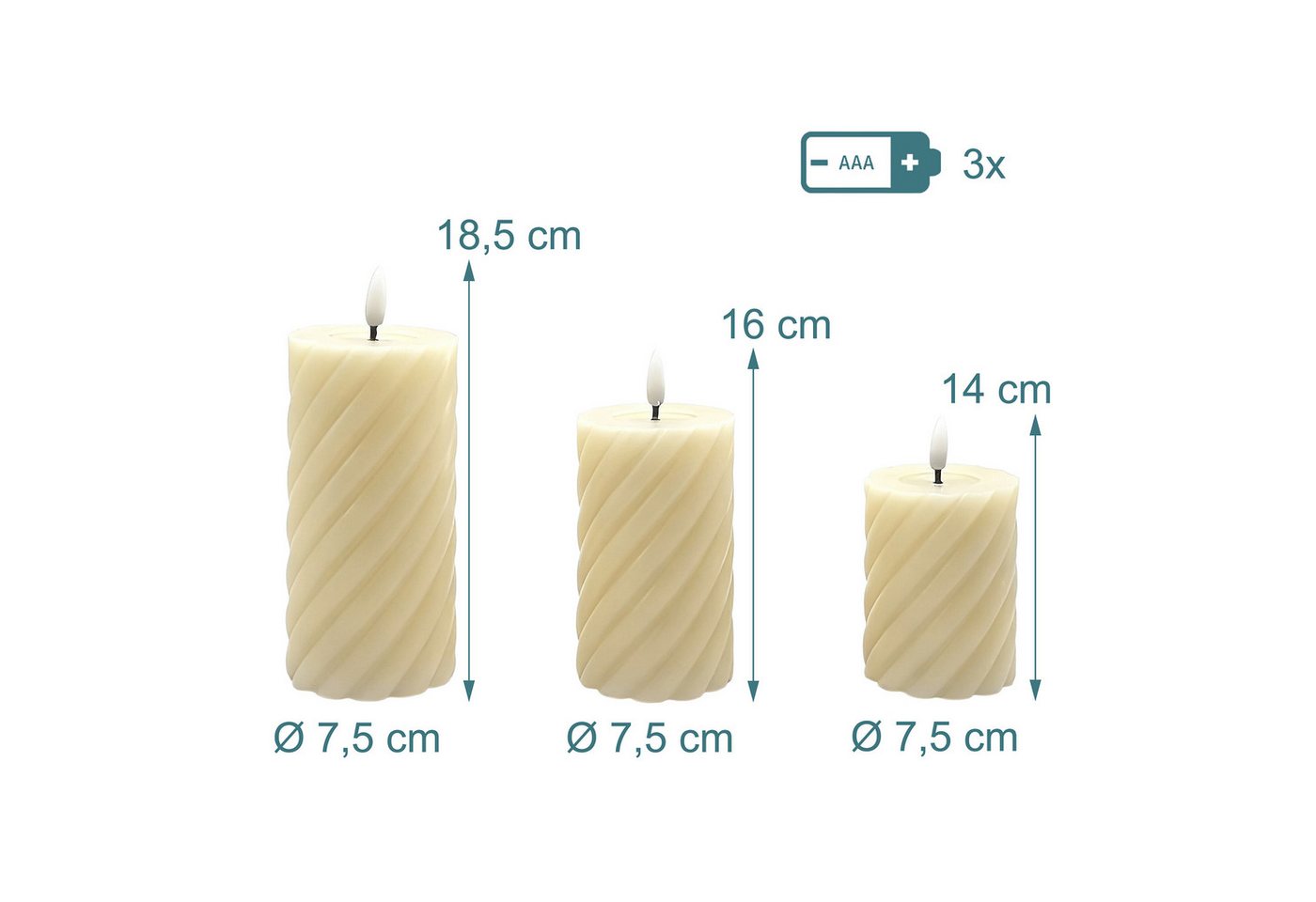 relaxdays LED-Kerze 3er Set, Dekorative flammenlose LED-Kerzen mit warmweiß flackernder Flamme, LED, Warmweiß, Champagner – Bild 4 von 5