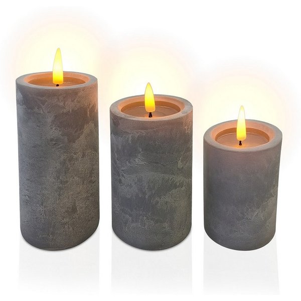 relaxdays LED-Kerze 3er Set Betonoptik, Batteriebetriebenes, flammenloses LED-Licht mit flackernder Flamme, LED, Warmweiß