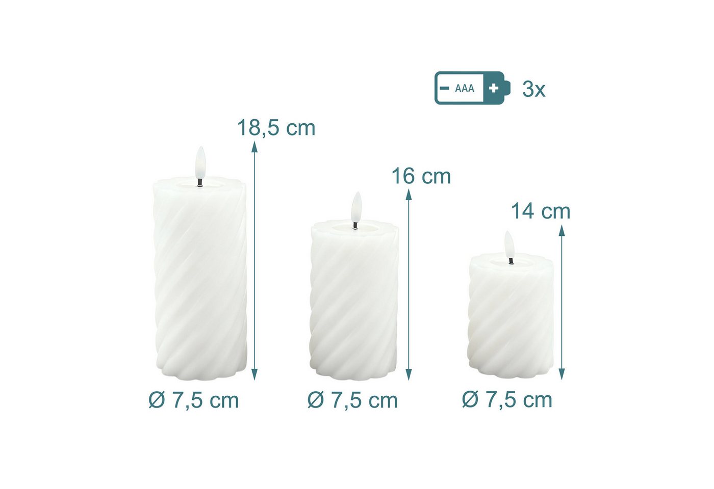 relaxdays LED-Kerze 3er Set, Flammenlose LED-Kerzen mit warmweiß flackernder Flamme, LED, Warmweiß, weiß – Bild 4 von 5
