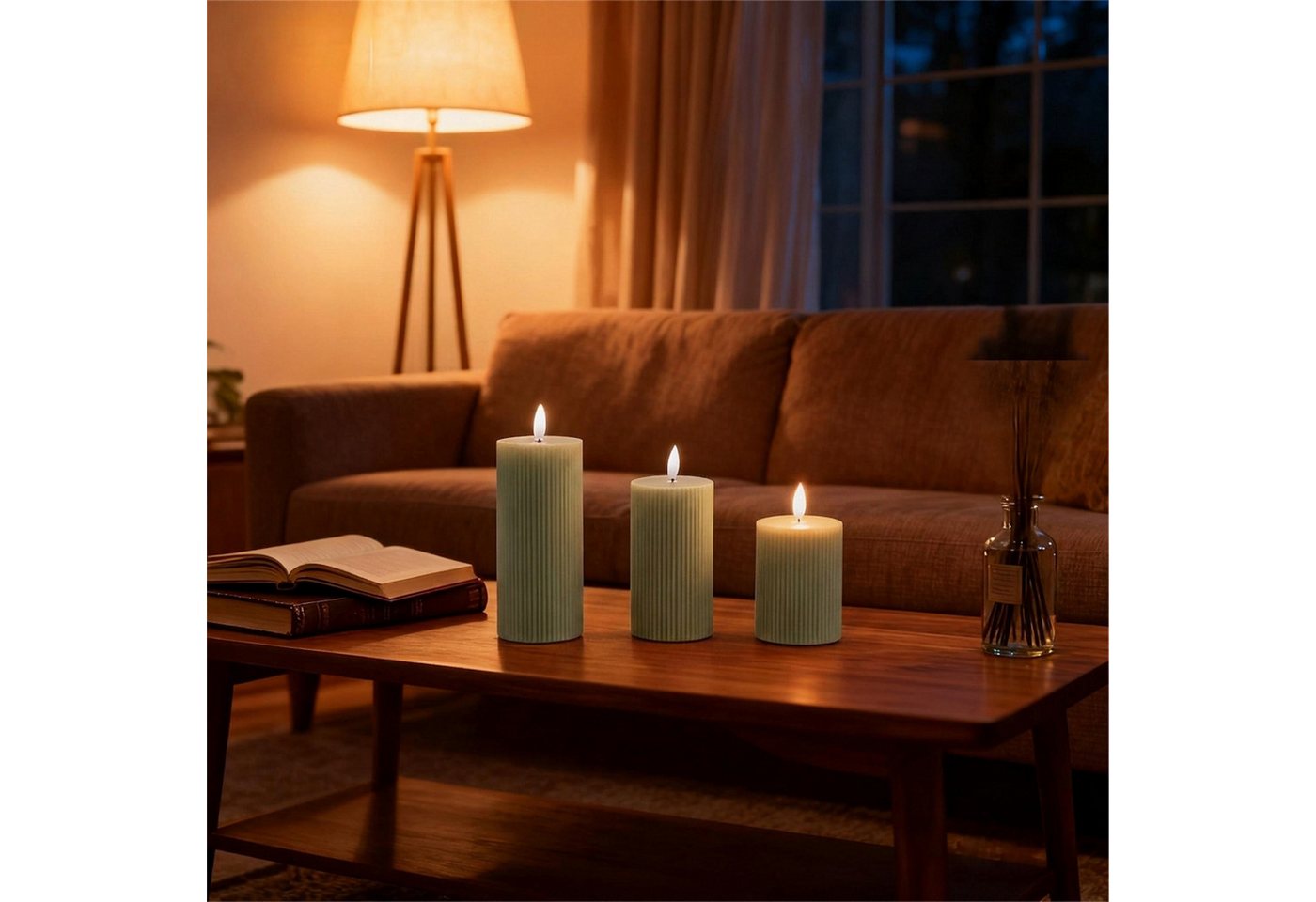 relaxdays LED-Kerze 3er Set, LED, Warmweiß, Salbei – Bild 3 von 5