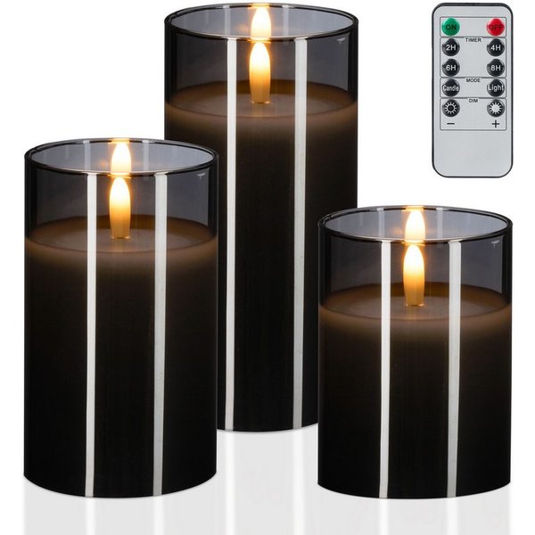 relaxdays LED-Kerze im Glas 3er Set, LED, Warmweiß, grau