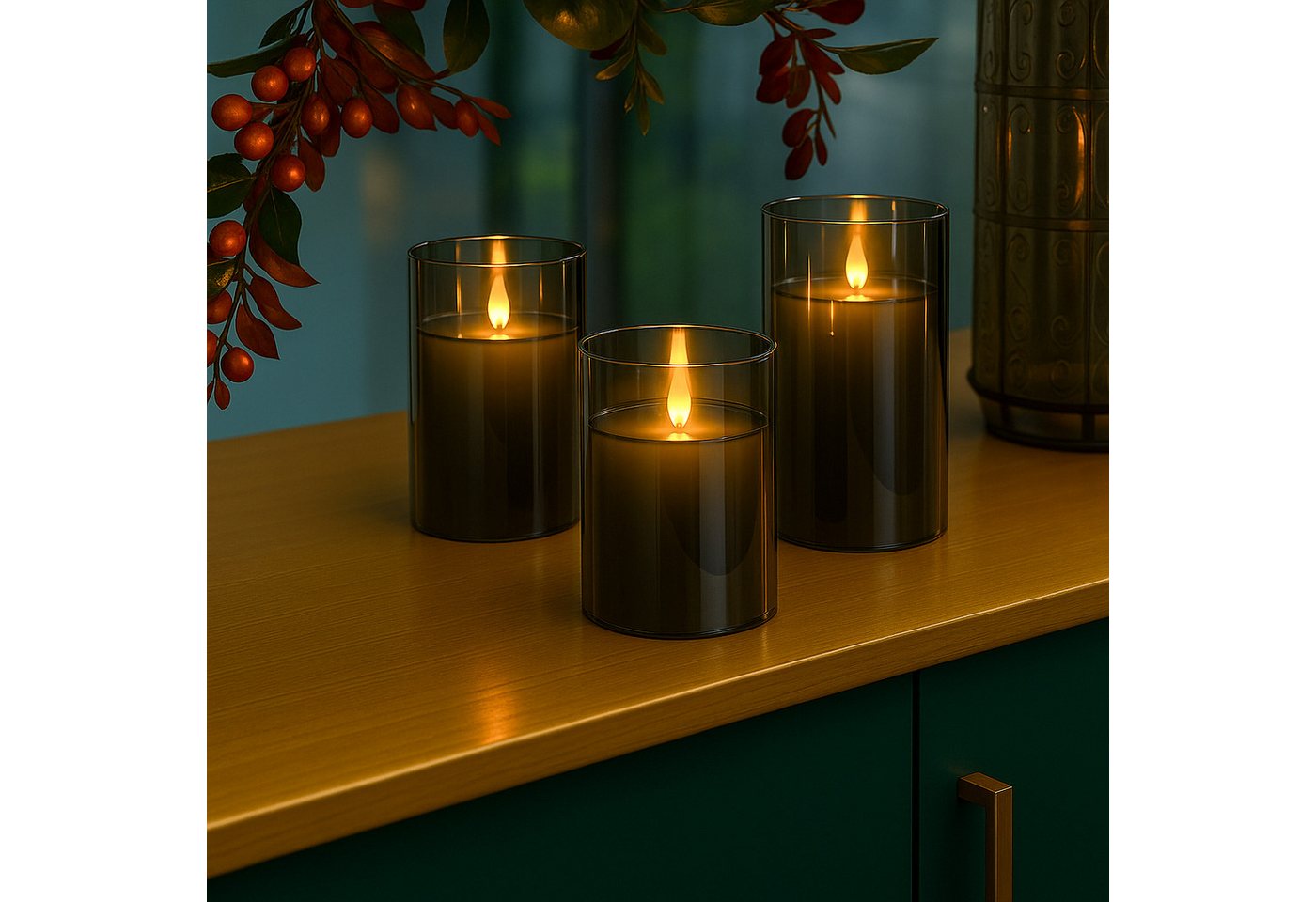 relaxdays LED-Kerze im Glas 3er Set, LED, Warmweiß, grau – Bild 2 von 5