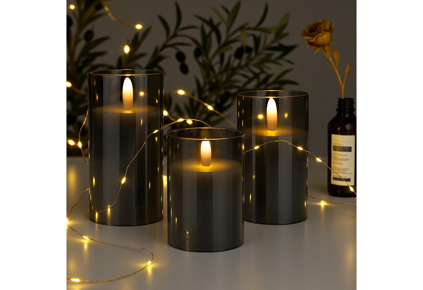 relaxdays LED-Kerze im Glas 3er Set, LED, Warmweiß, grau – Bild 3 von 5