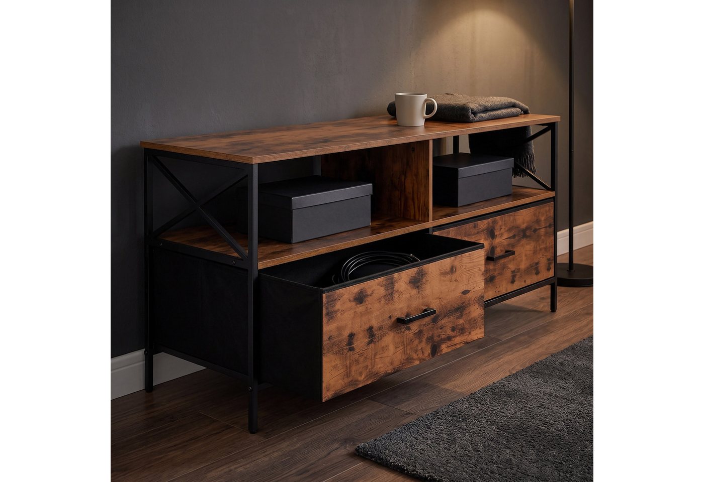 relaxdays Lowboard TV Lowboard mit Stauraum (1 St), Industrial-Schwarz, 120 cm – Bild 3 von 5