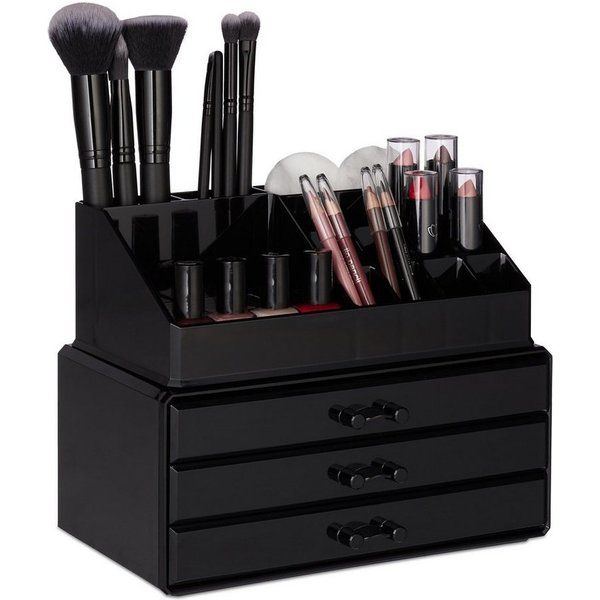 relaxdays Make-Up Organizer mit 3 Schubladen, 2-tlg., schwarz