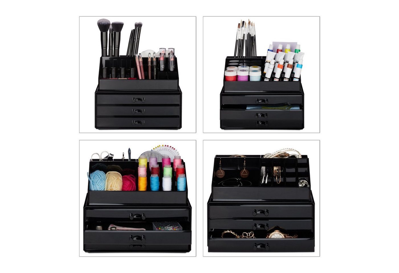 relaxdays Make-Up Organizer mit 3 Schubladen, 2-tlg., schwarz – Bild 3 von 5
