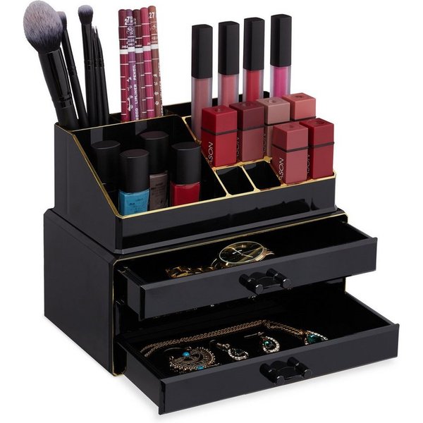 relaxdays Make-Up Organizer mit 3 Schubladen, 2-tlg., Schwarz-Gold