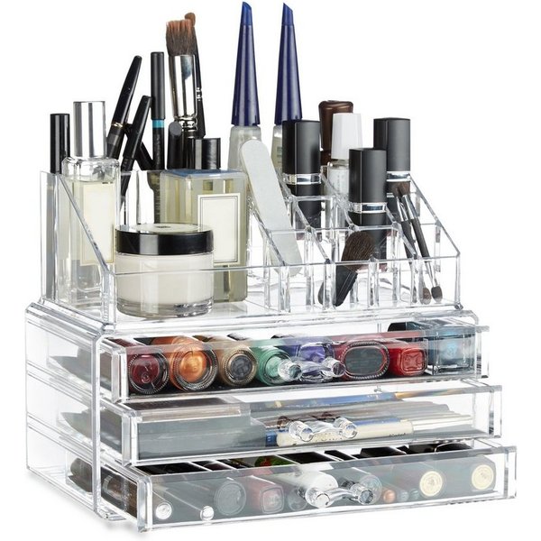 relaxdays Make-Up Organizer mit 3 Schubladen, 2-tlg., transparent