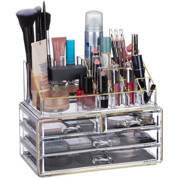 relaxdays Make-Up Organizer mit 4 Schubfächern, 2-tlg., Gold-Streifen