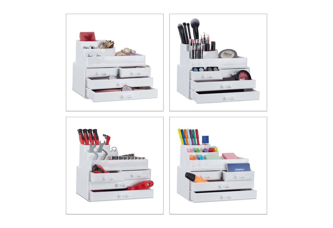 relaxdays Make-Up Organizer mit 4 Schubladen, 2-tlg., weiß – Bild 3 von 5