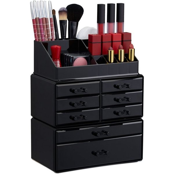 relaxdays Make-Up Organizer mit 8 Schubladen, 3-tlg., schwarz