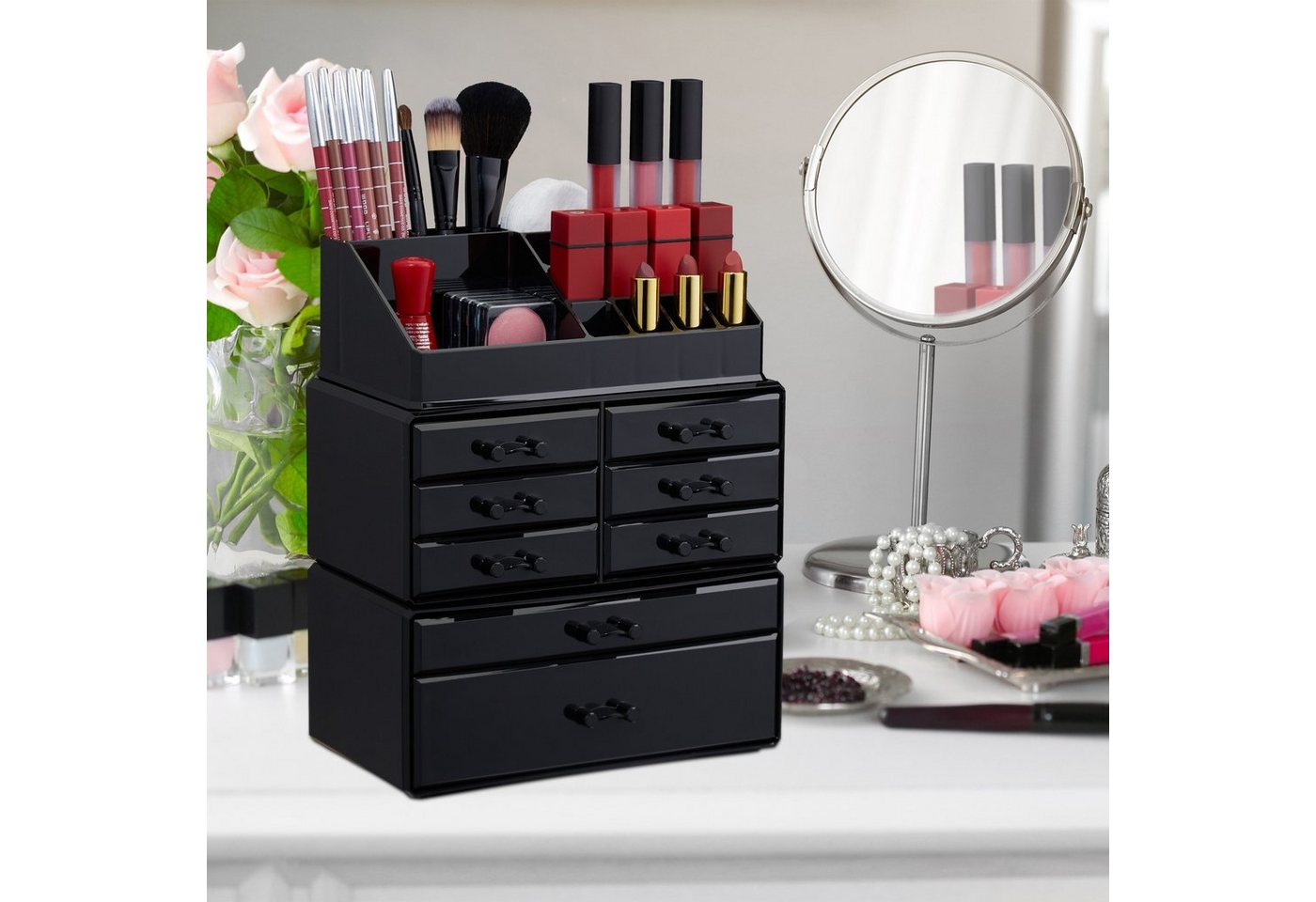 relaxdays Make-Up Organizer mit 8 Schubladen, 3-tlg., schwarz – Bild 2 von 5