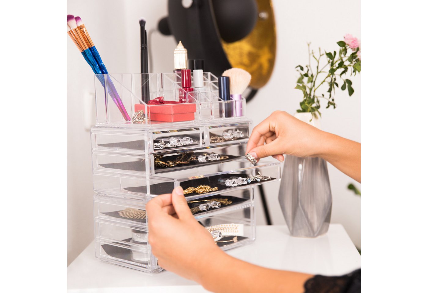 relaxdays Make-Up Organizer mit 8 Schubladen, 3-tlg., weiß – Bild 2 von 5
