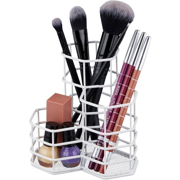 relaxdays Make-Up Organizer Pinselhalter mit 3 Fächern, 3-tlg., weiß