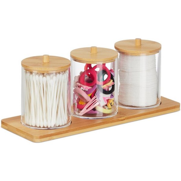 relaxdays Make-Up Organizer Wattestäbchenbehälter mit Tablett, 4-tlg.