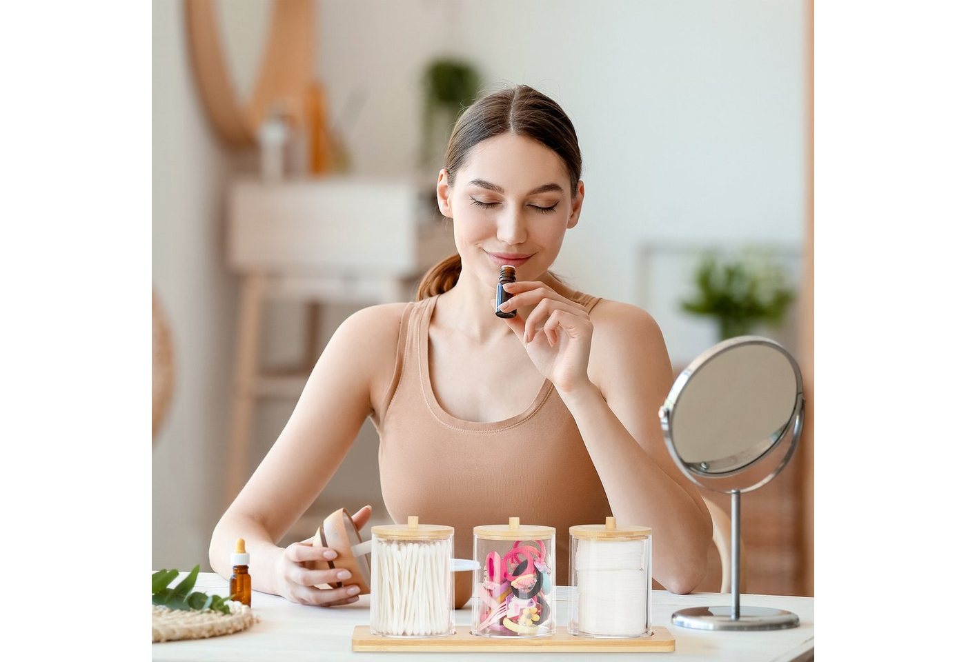 relaxdays Make-Up Organizer Wattestäbchenbehälter mit Tablett, 4-tlg. – Bild 3 von 5