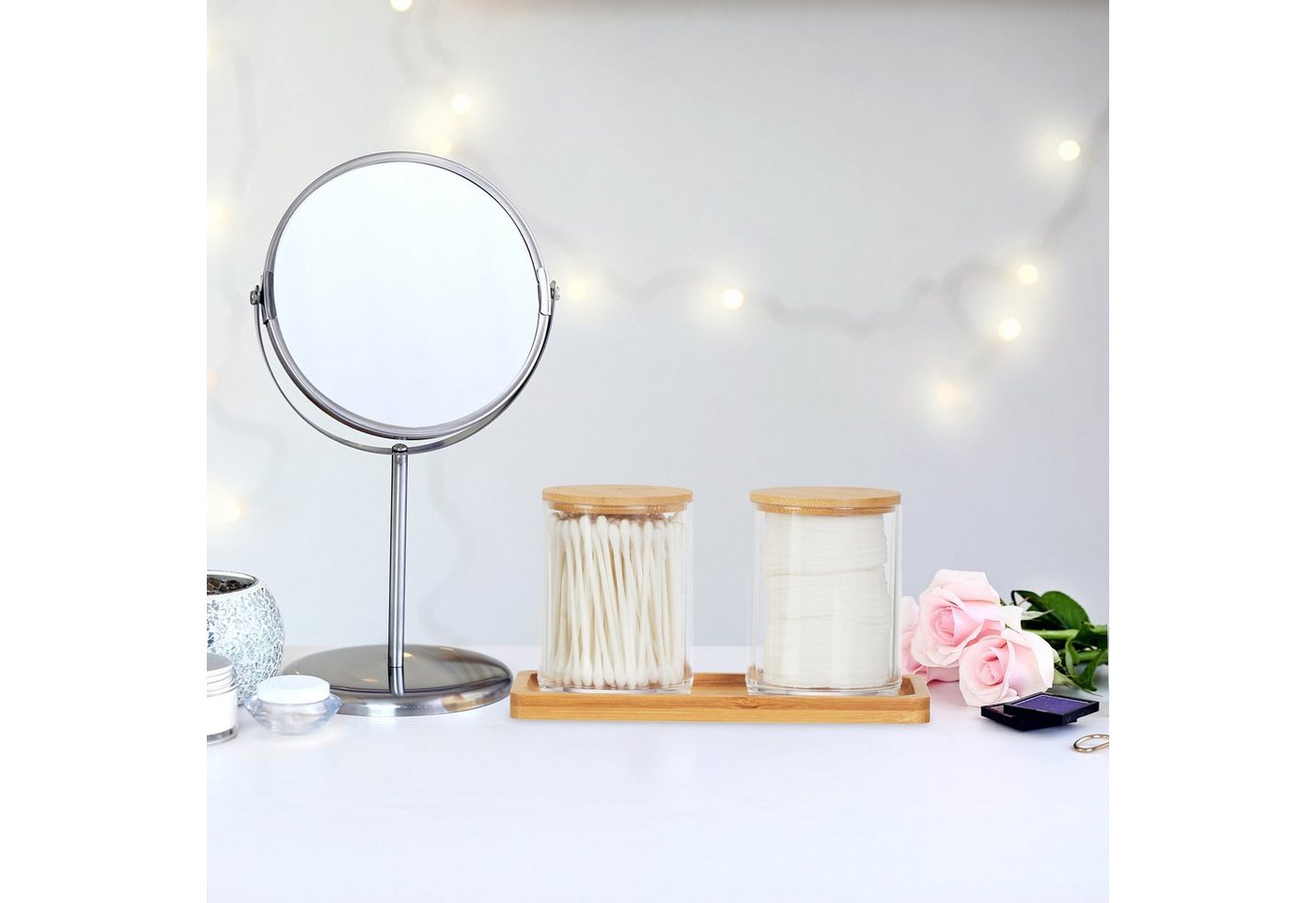 relaxdays Make-Up Organizer Wattestäbchenbehälter mit Tablett, 3-tlg. – Bild 2 von 5