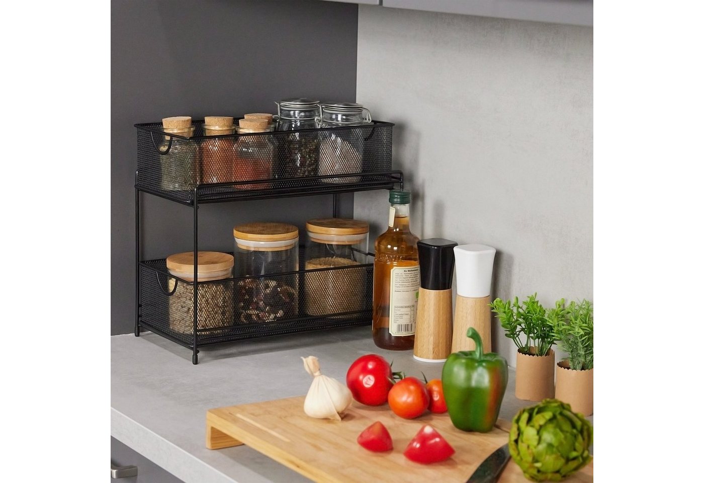 relaxdays Mehrzweckregal Küchen Organizer mit 2 Ausziehkörben, 2-tlg., schwarz – Bild 2 von 5