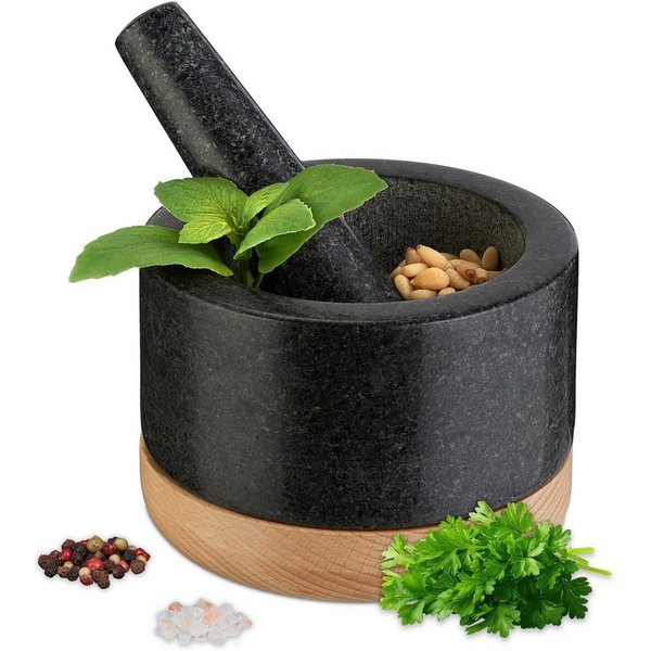 relaxdays Mörser mit Stößel und Holzuntersetzer, (Set, 1-tlg., Mörser mit Stößel und Untersetzer)