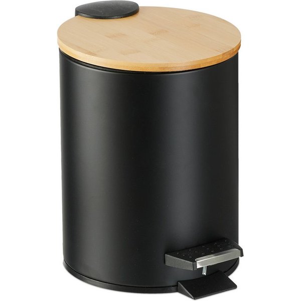 relaxdays Mülleimer Bad Mülleimer 3 l mit Bambusdeckel, schwarz
