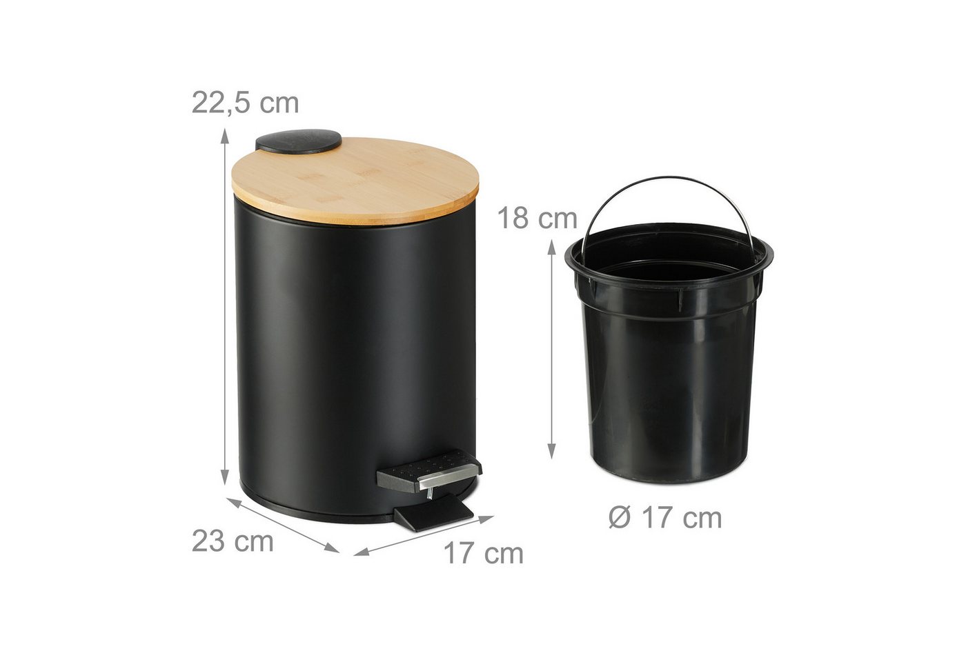 relaxdays Mülleimer Bad Mülleimer 3 l mit Bambusdeckel, schwarz – Bild 4 von 5
