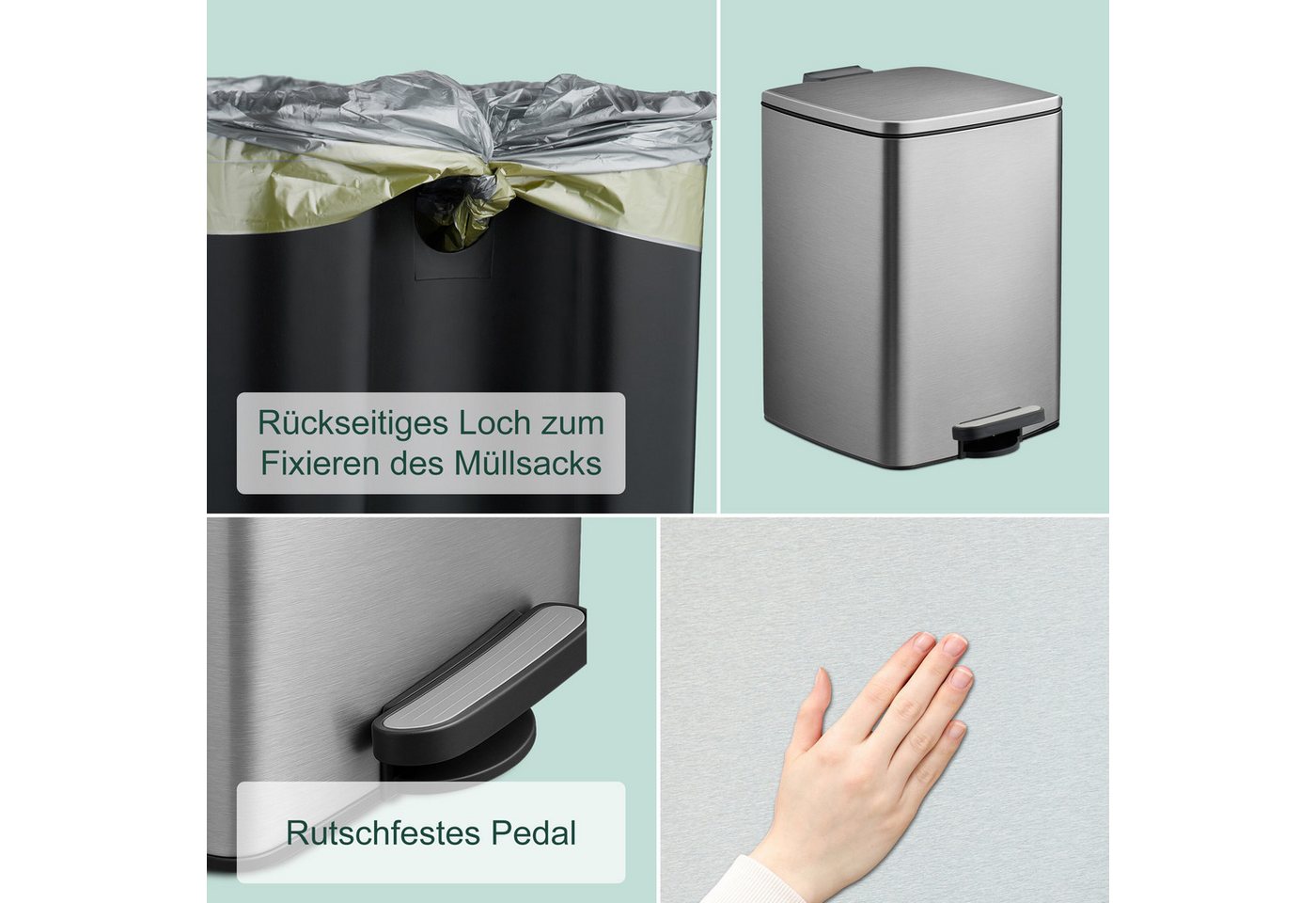 relaxdays Mülleimer Küche 20 Liter mit Müllbeutel, silber – Bild 3 von 5